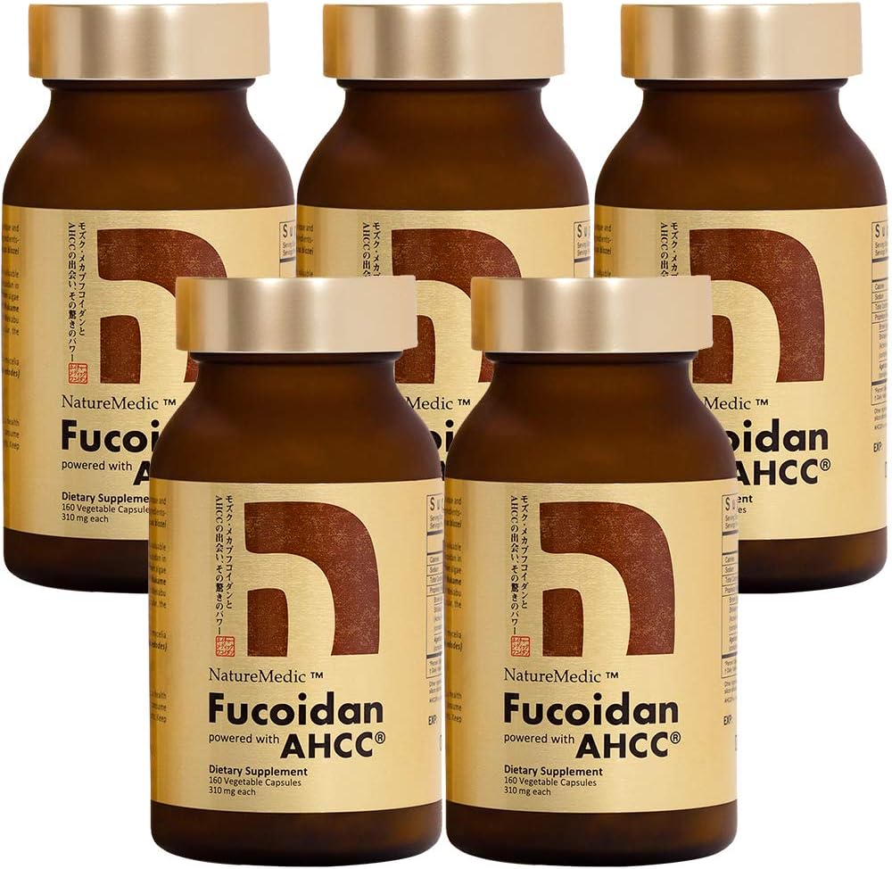 Fucoidan drevet med AHCC ® Brown Seaweed Immunity Supplement med høj renhed Organic Mekabu Mozuku Agaricus 5 flasker - 800 Vegetabilske kapsler Lavet i Japan