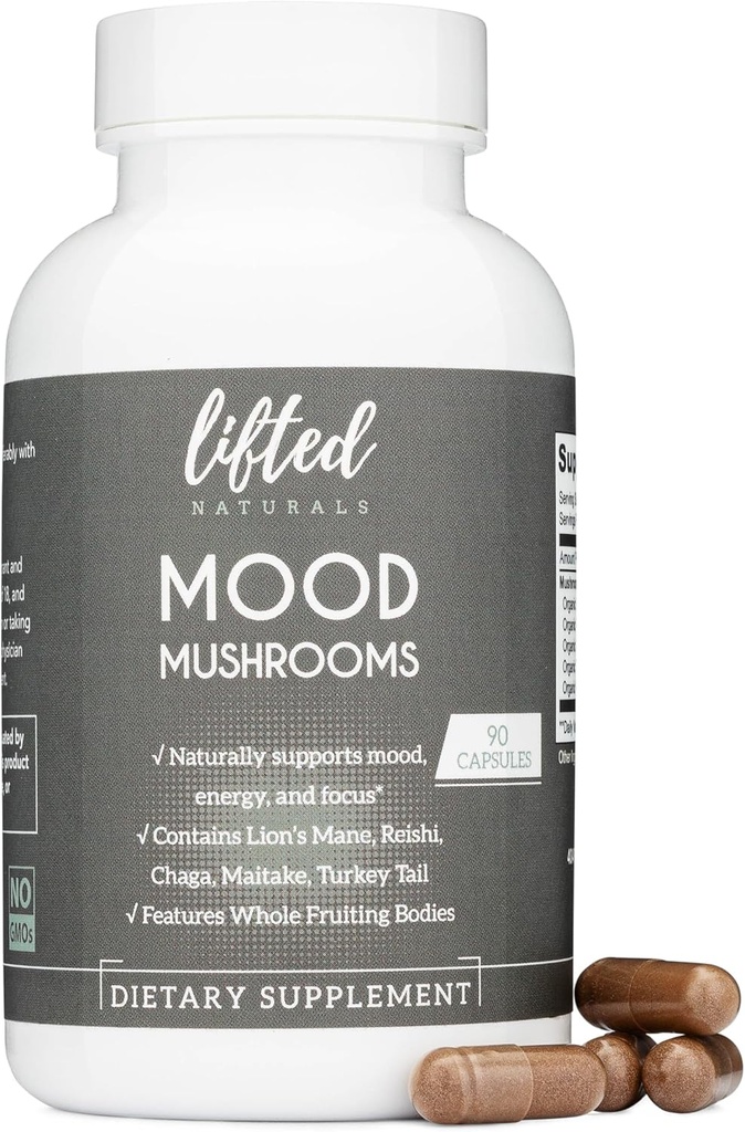 Mood Mushrooms - Livret Mushroom Supplement - Lions Mane, Reishi, Chaga, Tyrkiet Tail, Maitake - Energi, Fokus, Stress Relief