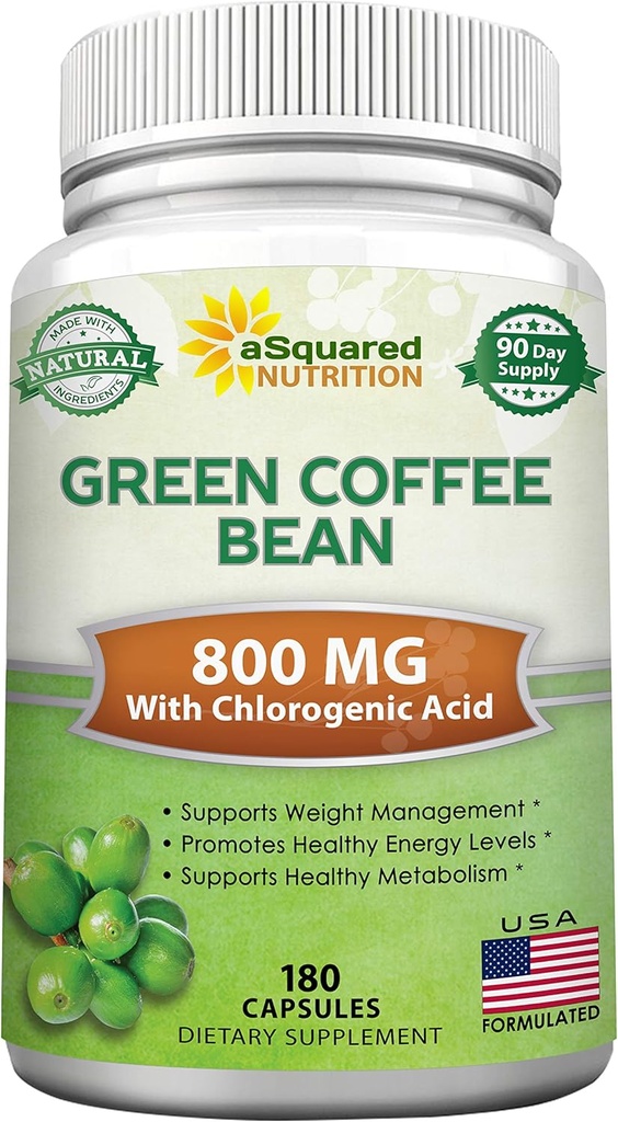 aSquared Nutrition Natural Green Coffee Bean Formula-180 Capsula- Max Strength GCA Antioxidant Cleanse for Pure Weight Loss, 800mg per søjle-Chlorogen syre-1600mg Dagligt tillæg, Sund Fat Burner