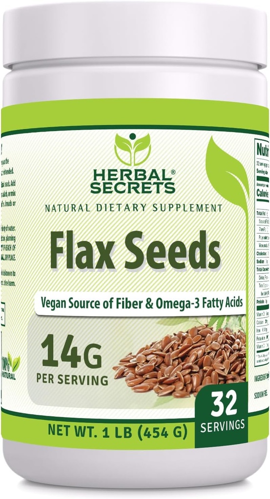 Herbal Secrets Organic Whole Flax Seeds Supplement | 14 G Per Serving | Raw Vegan | Non-GMO | Gluten-Free | Made in USA (1 Pack, 1 Lb)