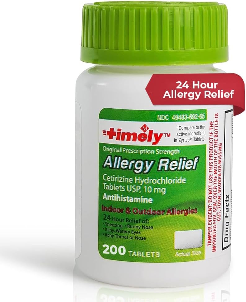 TIME-CAP LABS, INC. Timely Cetirizine HCl 10 Mg 200 tabletter - 24 timers allergilindring fra nysen, runny Næse, Itchy Watery Eyes, Itchy That, Næse - Indendørs og udendørs Allergi Medicin