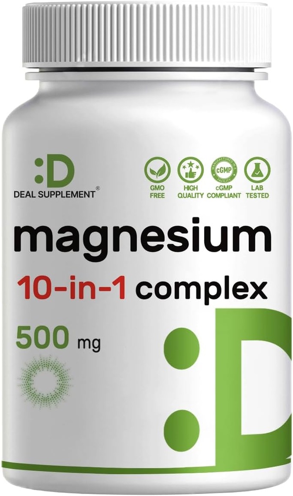 Magnesium Complex 500 mg, 240 Veggie Kapsler Note 124; 10- in-1 Glycinat, Citrate, Malat, & Mere