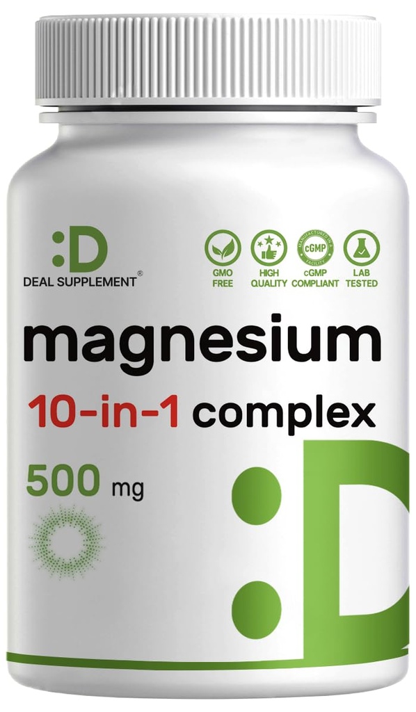 Magnesium Complex 500 mg, 240 Veggie Kapsler Note 124; 10- in-1 Glycinat, Citrate, Malat, & Mere
