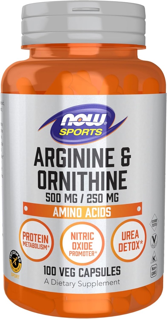 Now Sports Nutrition, Arginin & Ornithin 500 / 250 mg, Aminosyrer, 100 Veg kapsler