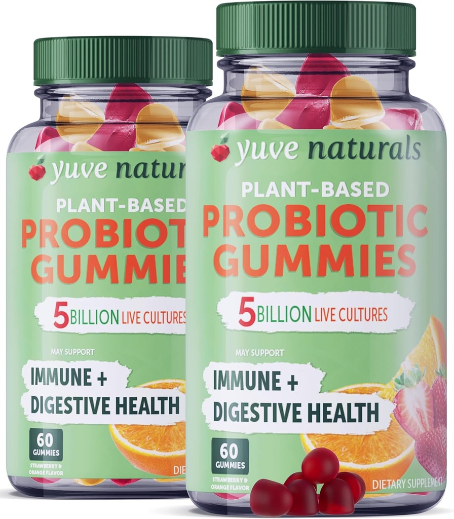 Yuve Vegan Probiotic Gummies, Probiotics for Women & Men, Sugar & Gluten-Free Gummy Probiotics, Digestive & Immune Support, 5 Billion CFU, Helps with Constipation, Bloating & Leaky Gut - 60ct (2 Pack)