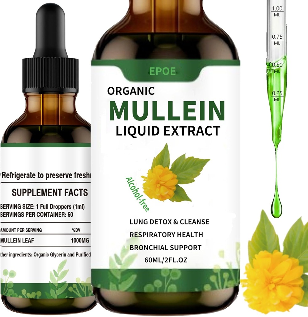 Flydende dråber med Mullein Leaf, Mullein dråber til Lungs Organic Respiratory Booster Alkohol Gratis, Lung Cleanse for Immun og Respiratory Health Support, Hvid