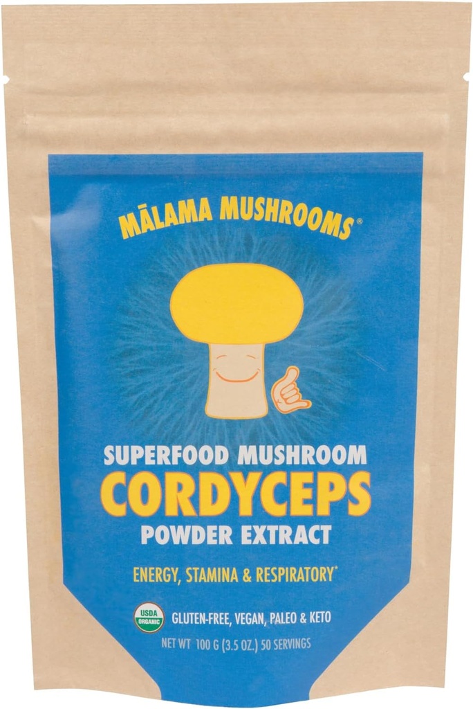 Cordyceps Extract Powder by Malama, Organic Fruiting Body Cordyceps Mushroom Powder, Superfood Adaptogen, Understøtter energi, Endurance & Mood, 100 Servere