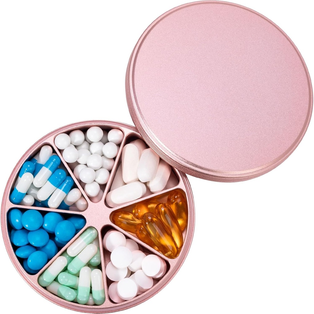 Metal Pill Organizer 7 Compartments Pill Dispenser - Heavy Duty Pill Box Vandtæt Pill Container Stor daglig Pill sag Medicine Holder for Medicin Vitaminer Fish Olies Kosttilskud, 0,39lb (Pink)