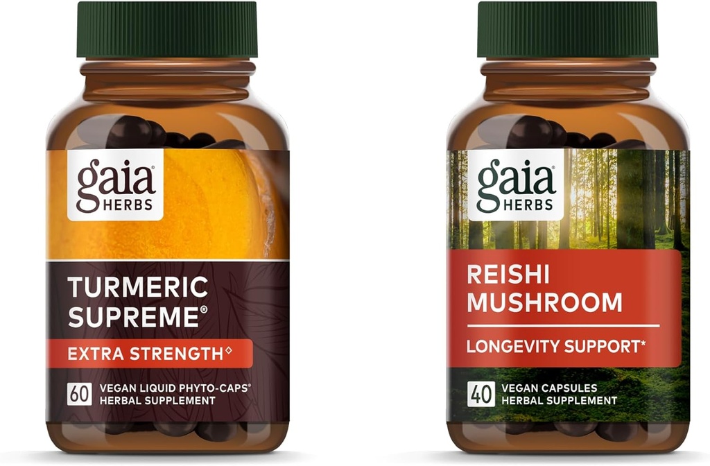 Gaia urter Gurkemeje Øverste Ekstra Styrke - 60 Vegansk flydende Phyto- Kapsler & Reishi Mushroom - Immunsystem & understøtter hjertesundhed - 40 Vegansk flydende Phyto- Kapsler (2 Pack)