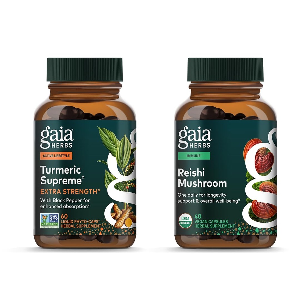 Gaia urter Gurkemeje Øverste Ekstra Styrke - 60 Vegansk flydende Phyto- Kapsler & Reishi Mushroom - Immunsystem & understøtter hjertesundhed - 40 Vegansk flydende Phyto- Kapsler (2 Pack)