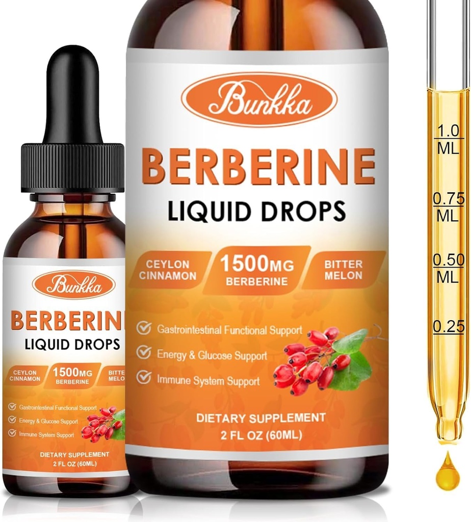 (2 Pack) Berberine Supplement, Berberine Liquid Drops med Ceylon Cinnamon, Bitter Melon, Sugar- Free & Vegan Supplement understøtter immunsystemet & Gastrointestinal Care - 4 FL Oz