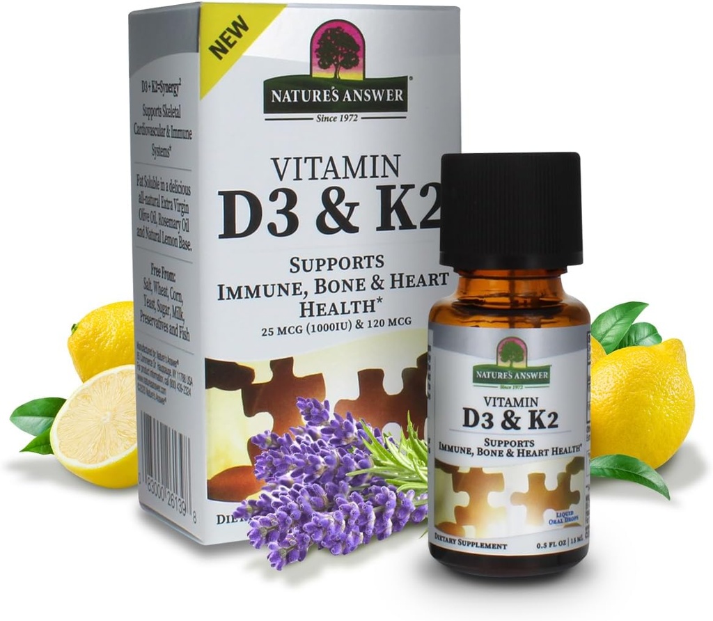 Natures Answer Vitamin D3 and K2, 0.5 oz - Liquid Extract Oral Drops - Supports Immune, Bone and Heart Health - in a Delicious Olive Oil, Rosemary Oil, and Natural Lemon Base