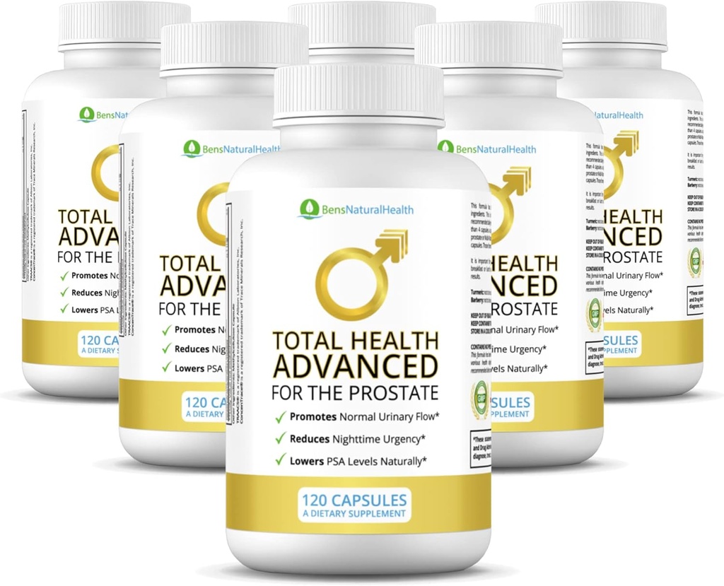Ben's Natural Health Total Health Advanced, Prostate Support Supplement with 29 Ingredients Beta‑Sitosterol, Vitamins C, D, E, Zinc, Pygeum, Turmeric, Holy Basil, 900 Capsules, 6 Pack