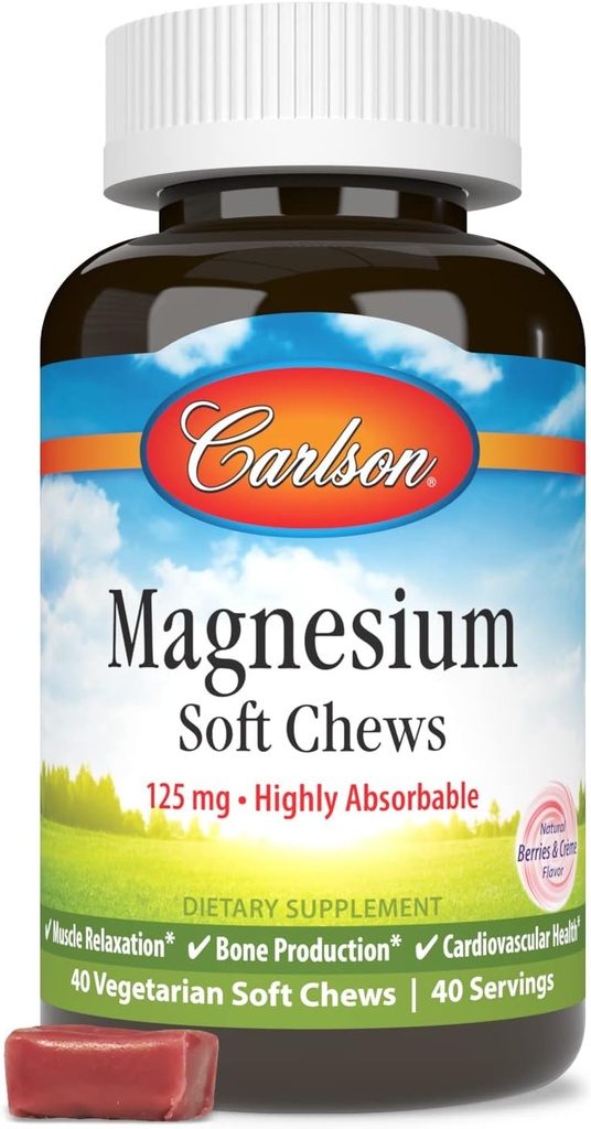 Carlson Magnesium Soft Chews 125 mg Meget Absorberbar Muskelafslapning & Samlet sundhed - Berries & Creme Flavor - 40 Vegetar Soft Chews