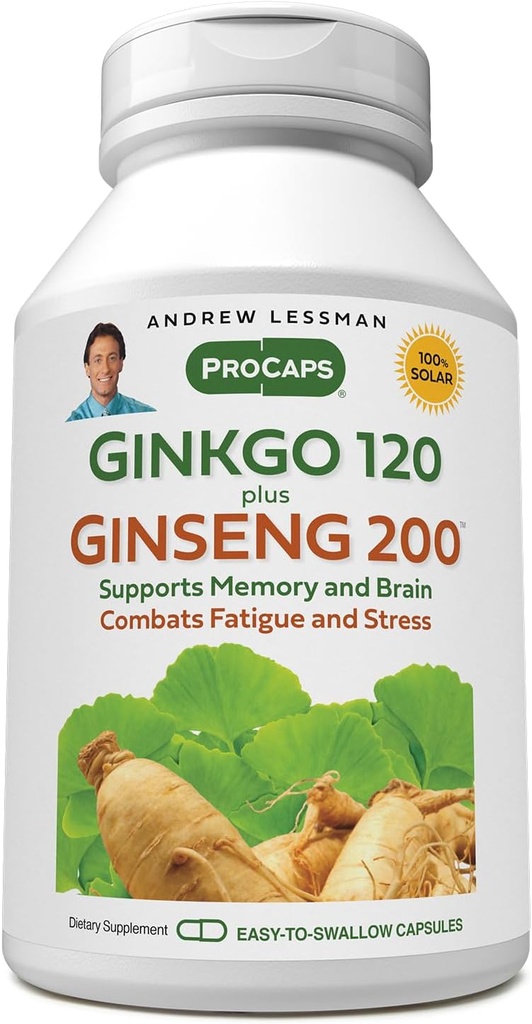 ANDREW LESSMAN Ginkgo 120 Plus Ginseng 200mg - 30 kapsler - Standardized Extract Blend til støtte hjerne, hukommelse og kognitiv funktion. Adaptogen, Combat Stress og Træthed. Ingen tilsætningsstoffer