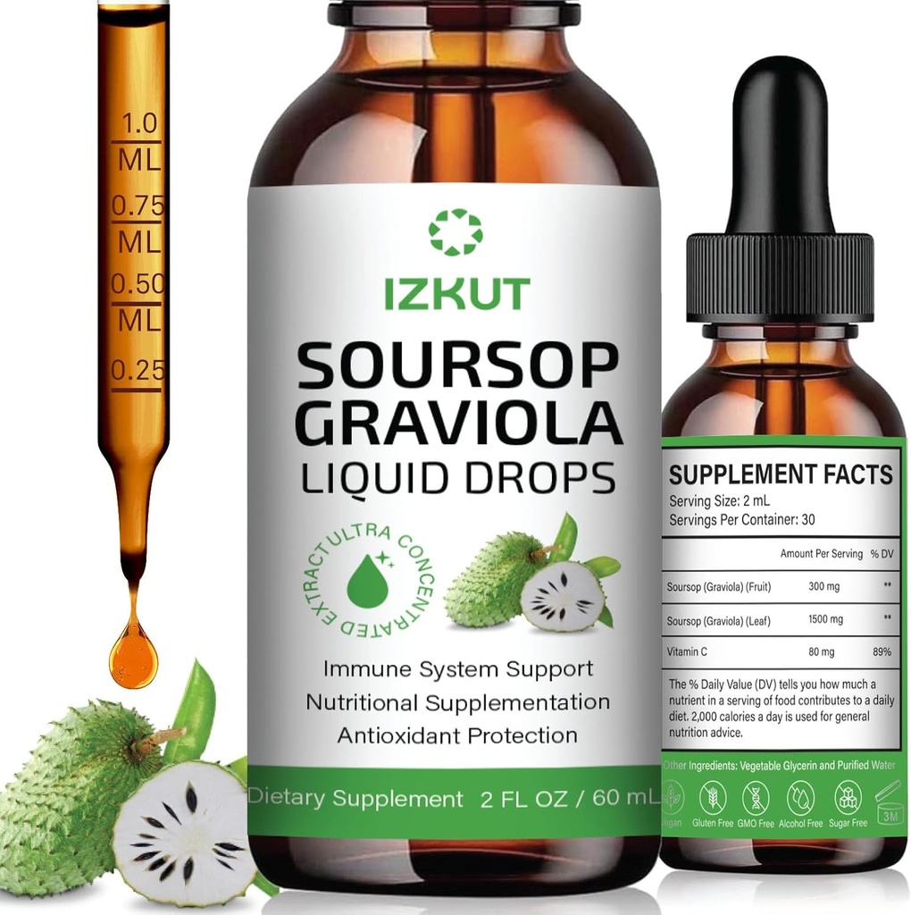 Soursop Bitters Liquid Organic: Soursop Leaf & Fruit Botanisk Uddrag - Soursop Liquid Drops til Cell Support & Regeneration - Immunstøtte, Afslapning, Lever sundhed, og søvn støtte til mænd og kvinder