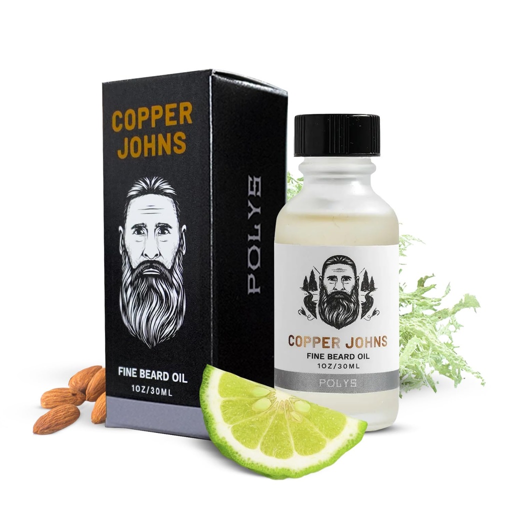 Kobber Johns Premium Beard Oil for mænd - Natural Formel med Jojoba & Castor Oil - Letvægts Non-Greasy Beard Moisturizer - Blødninger, Hydrates & Tammes Frizz - Polys- Bergamot & Cherry Mandel 1 oz
