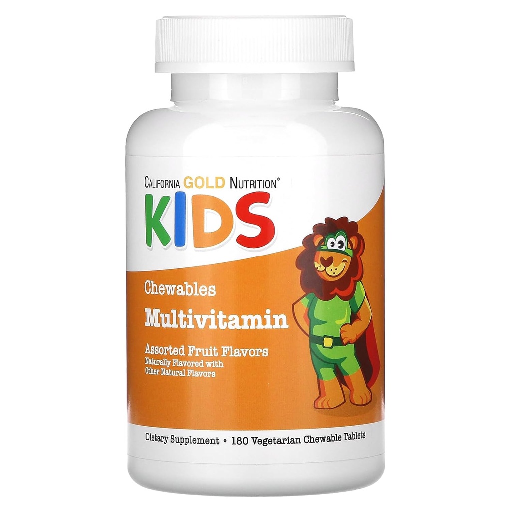 California Gold Nutrition Chewable Multi- Vitamin med vitamin A, C-vitamin, E-vitamin og æblefrugtpulver til børn, Diverse Frugt, 180 Vegetariske tabletter