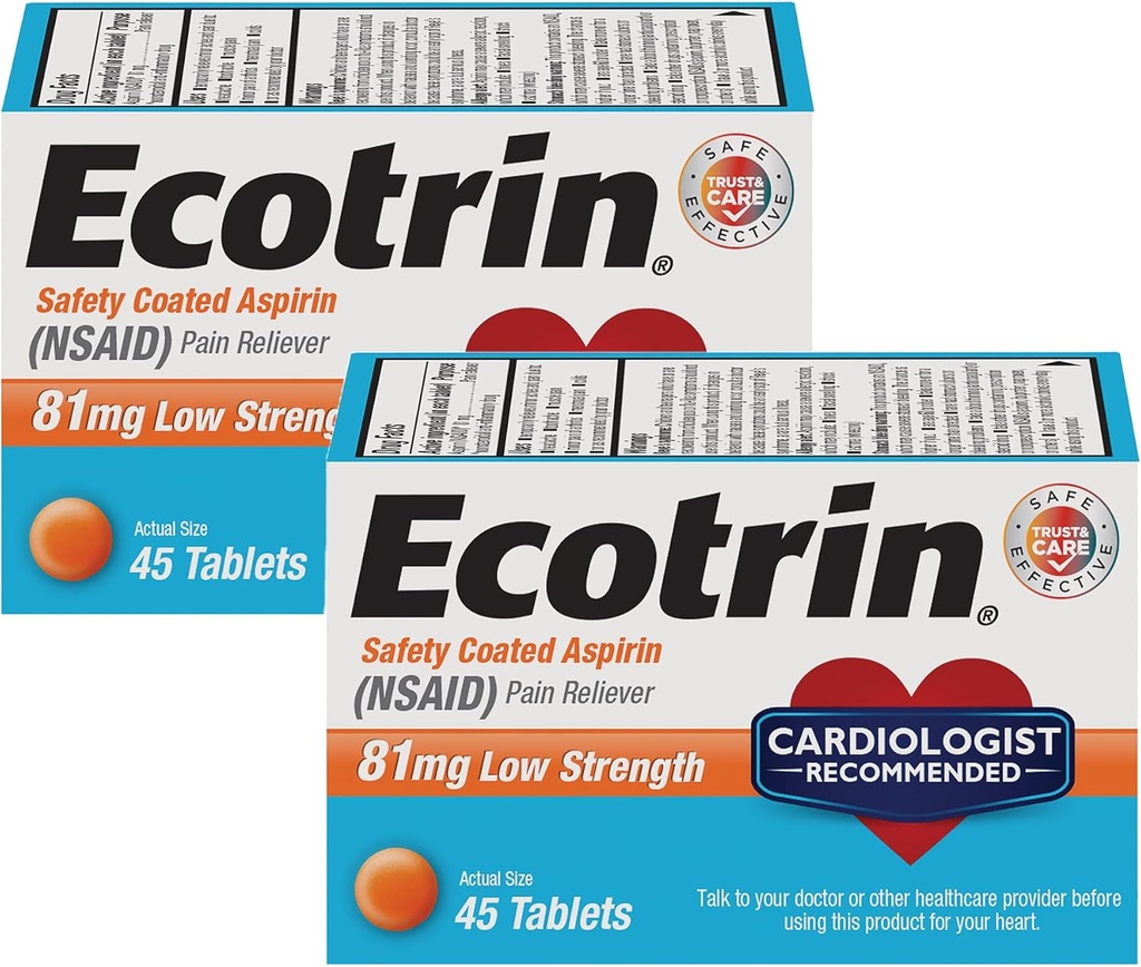 Ecotrin Low Strength Safety Coated Aspirin, NSAID 81mg, 45 count (2 Pack)