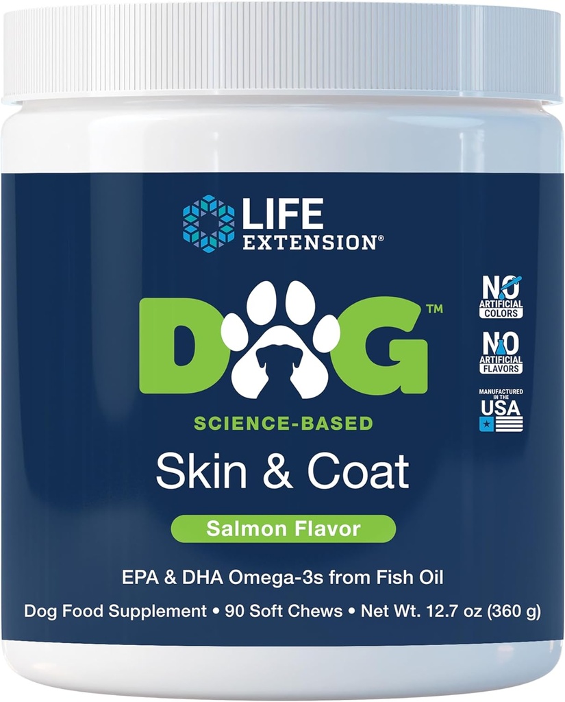 Life Extension Dog Skin & Coat - Hundemad supplement til sund hud og Coat - Omega-3 Fish Oil til hunde, Salmon Flavor, ingen kunstige farver eller flavors - 90 bløde tygger
