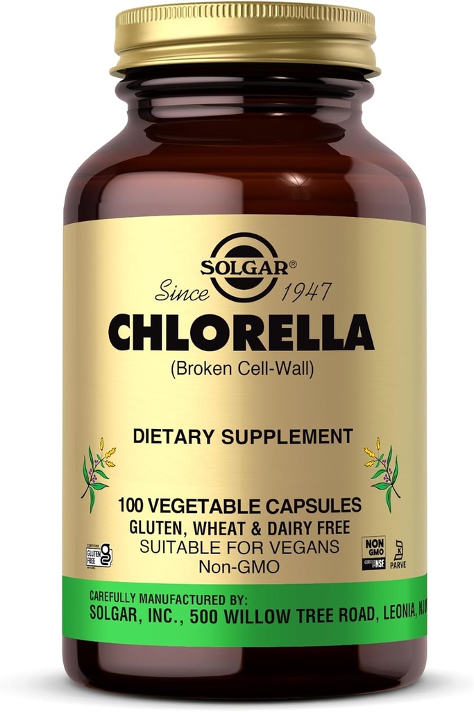 Solgar Chlorella - 100 Vegetabilske kapsler - Maksimal Absorption - Non- GMO, Vegan, Gluten Free, Kosher - 100 Servere