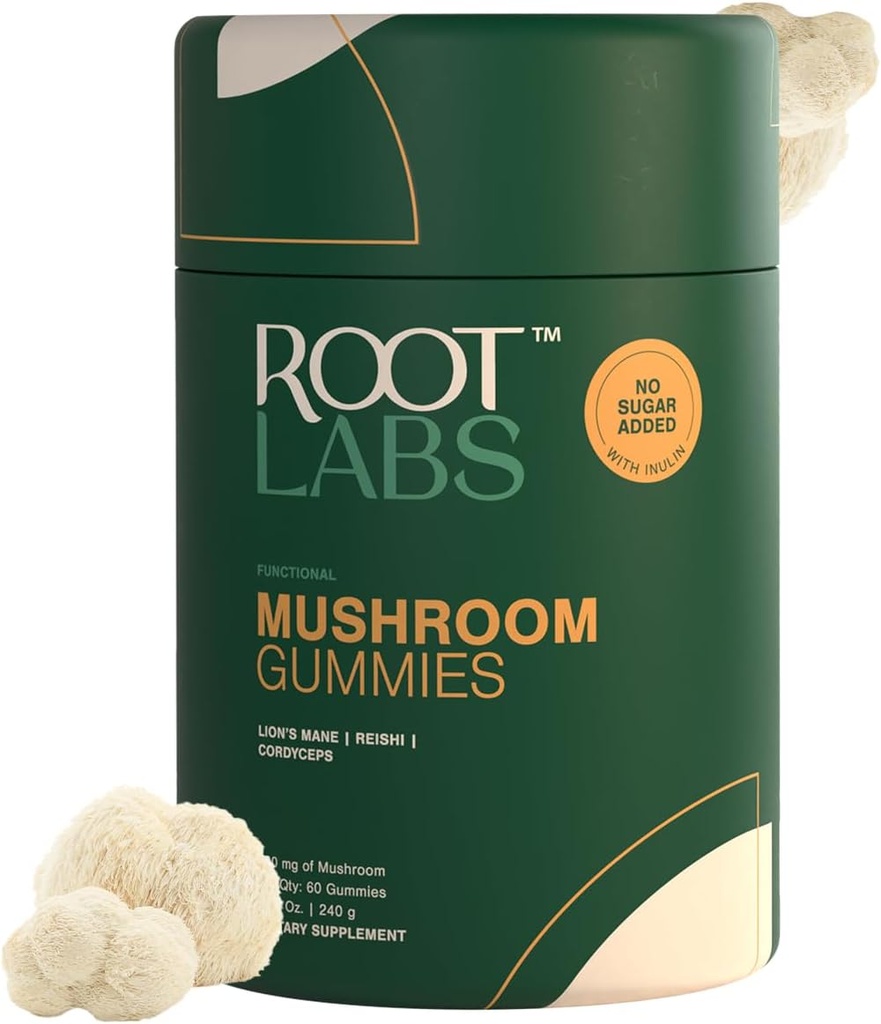 Mushroom Gummies | No Added Sugar | Lions Mane, Reishi, Cordyceps | Natural Mushroom Blend | Non-GMO | Plant-Based | 300 mg | 60 Gummies