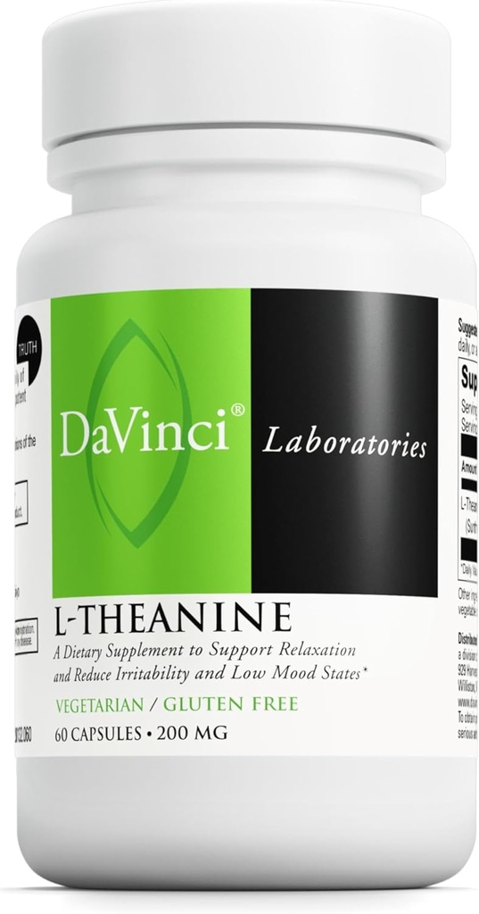 DAVINCI Labs L- Theanin - Kosttilskud til hjælp med koncentrering, fokus, afslapning og irritabilitet * - med 200 mg L- Theanin per servering - 60 vegetariske kapsler