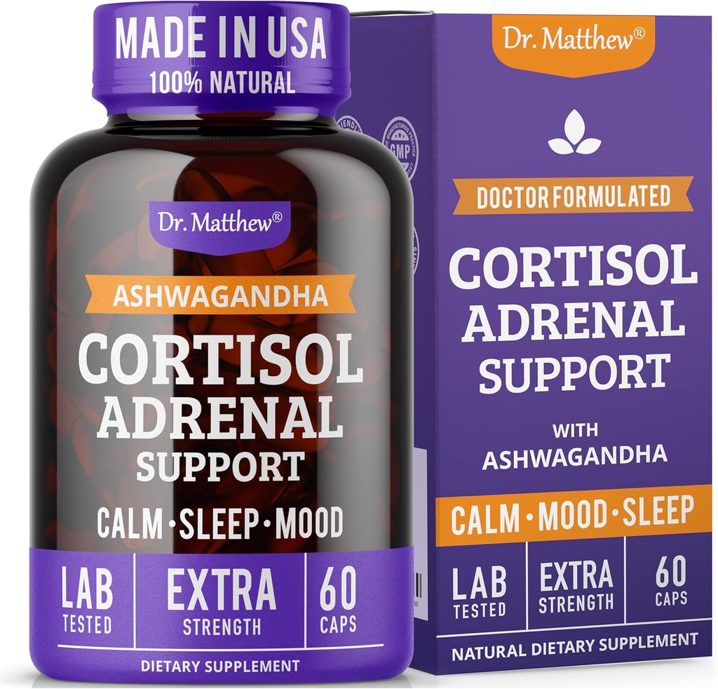 Dr. Matthew Cortisol Reducer Supplement for kvinder. Adrenal Support med Ashwagandha, Rhodiola & Ginseng - En Detox Cocktail til Lavere Cortisol & Hjælp Afslapning, rolig og rolig søvn