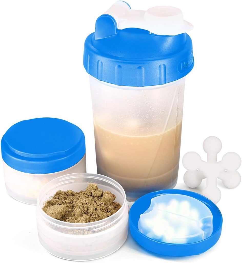 16oz Protein Shaker Flaske med shaker Ball og 2 storage krukker Budding- 124; BPA- Free Plastic Cup med klar måling skala Budding124; Perfekt til Protein Mixes og Pills Budding124; Bærbar Pre- Workout Drink Cup Buddingblå