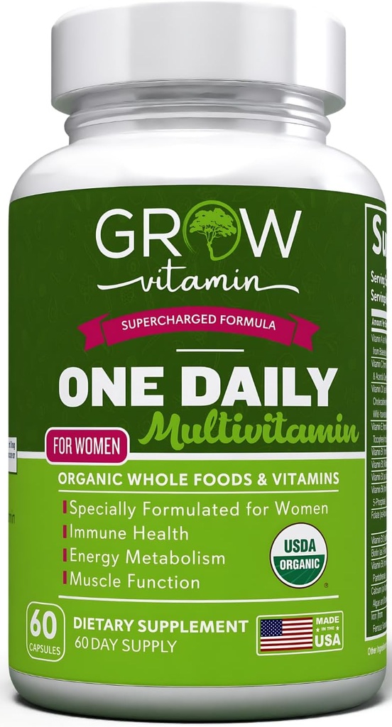 grow vitamin One Daily Multivitamin for Women - Energy Support - Whole Food Support to Nourish Hår, Skin, Nails - Non-GMO - No Soy - Gluten Free - 60 Kapsler - 2 Måned Supply