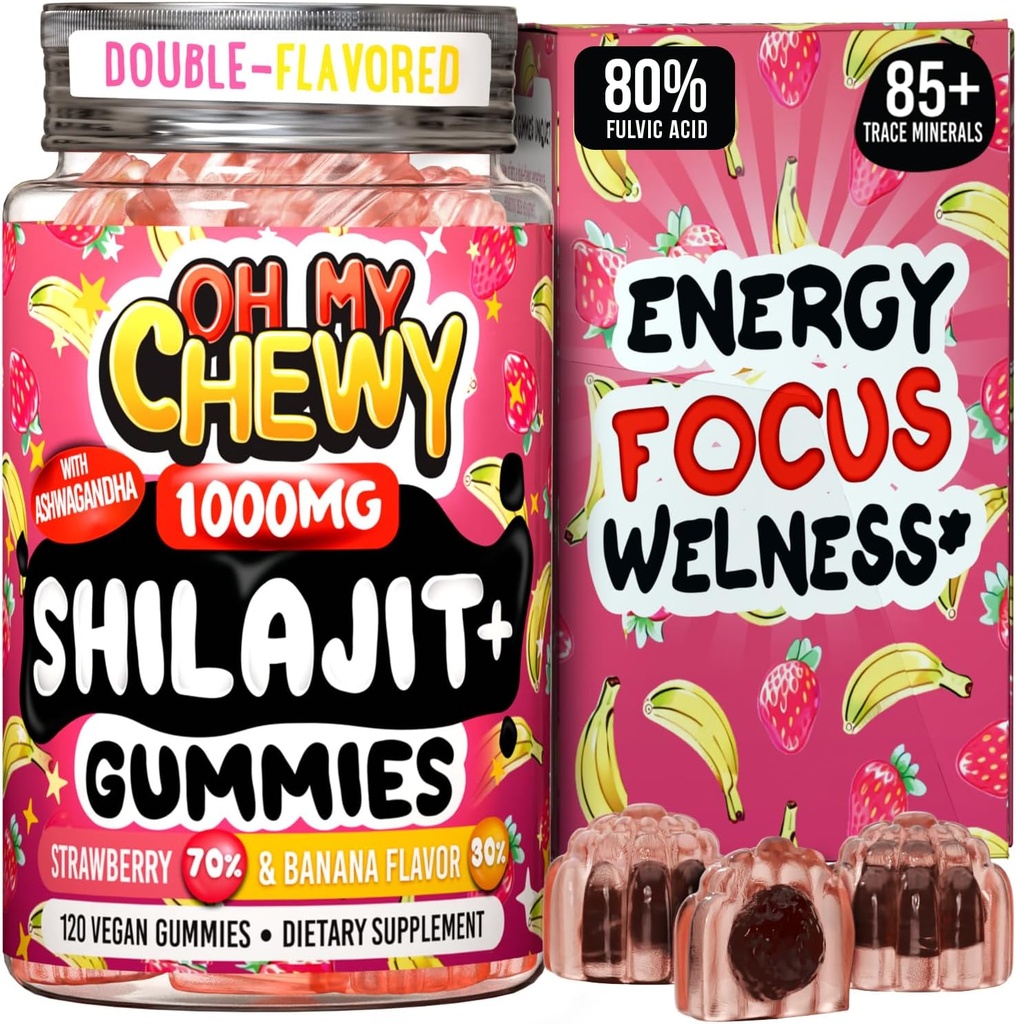 Pure Himalayan Shilajit Gummies - High Potency Gold Grade Resin - Energi Boost og immunforsvar for mænd og kvinder med Ashwagandha og Shatavari - 120 Gummy - Strawberry & Banana