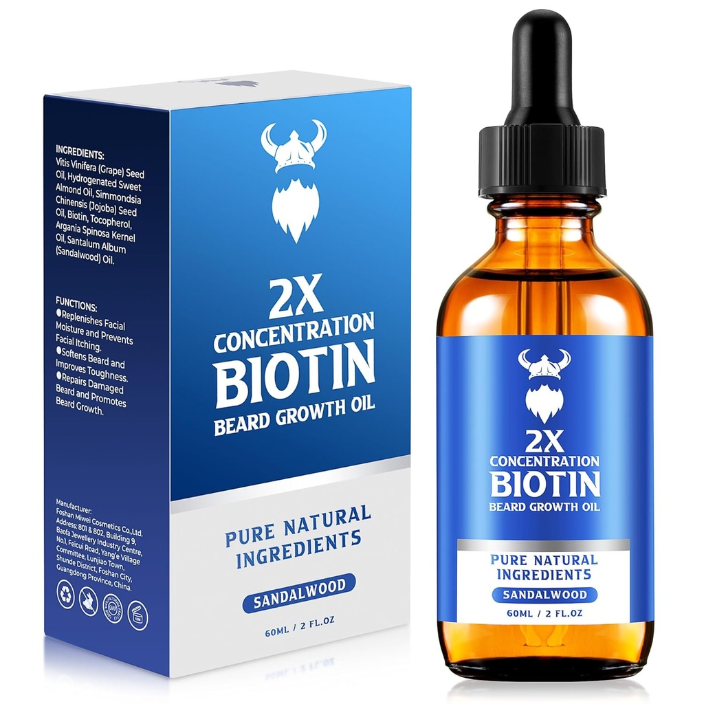 Beard Growth Oil - 2X Koncentration Biotin Beard Oil for mænd (2 oz) - Natural Herre Beard Oil med Argan Oil, Jojoba Oil and Vitamin, Beard Growth Softener, Fugt (Sandalwood)