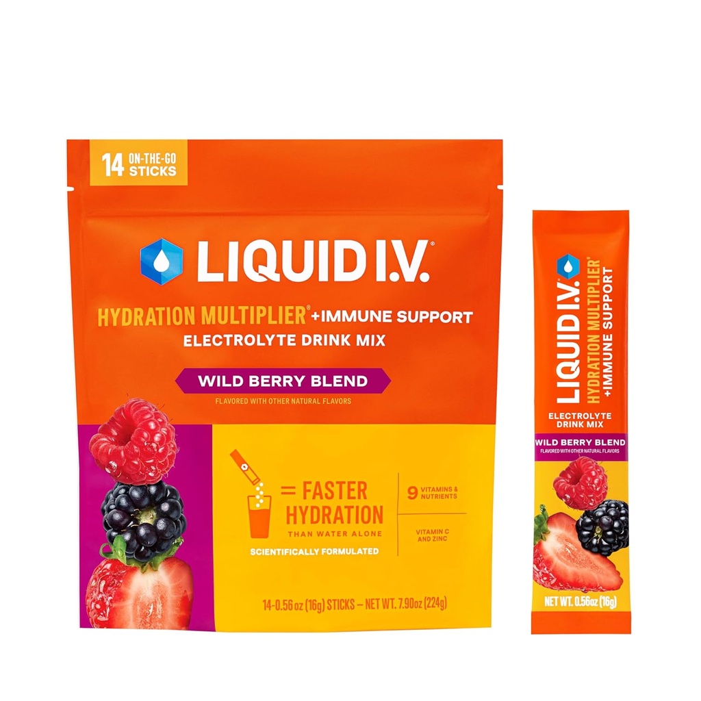 Flydende I.V. ® Hydrationsmultiplikator ® + immunstøtte - Wild Berry - Hydration Powder Packets - 124; Elektrolyte Powder Drink Mix 124; Praktisk Single- Serving Sticks - 124; Non- GMO - 124; 14 Serveringer (pakke med 12)