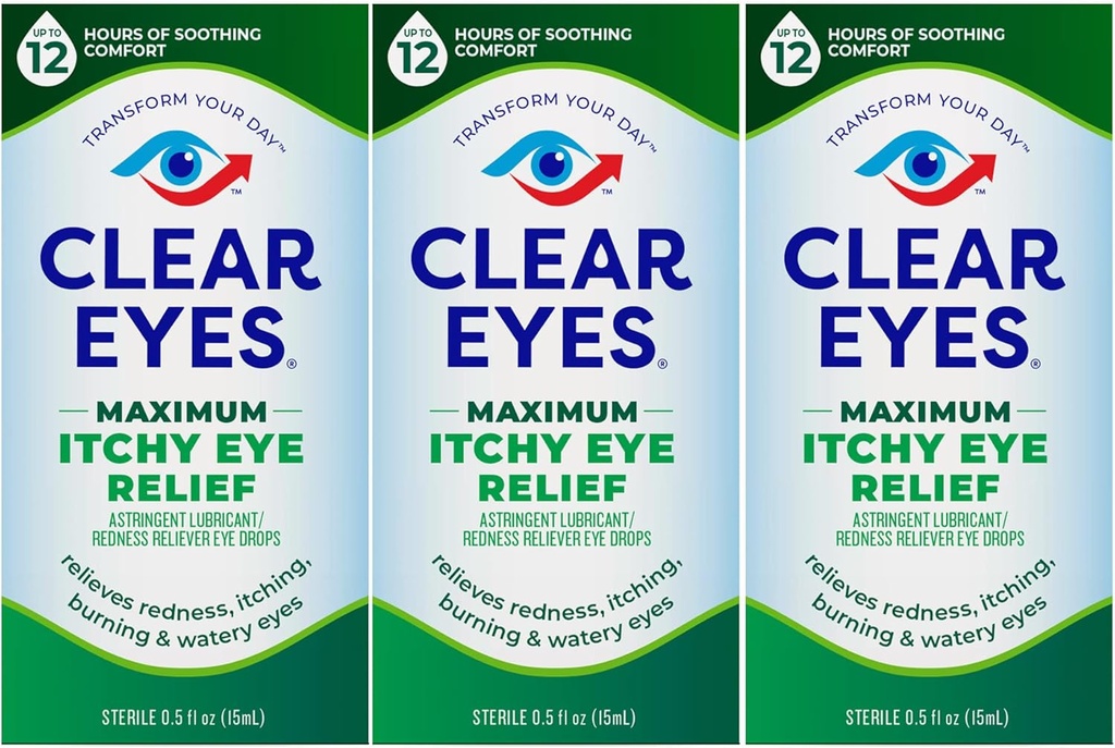 Clear Eyes Maximum Itchy Eye Relief Eye Drops, 0.5 Fl Oz (pakning med 3)