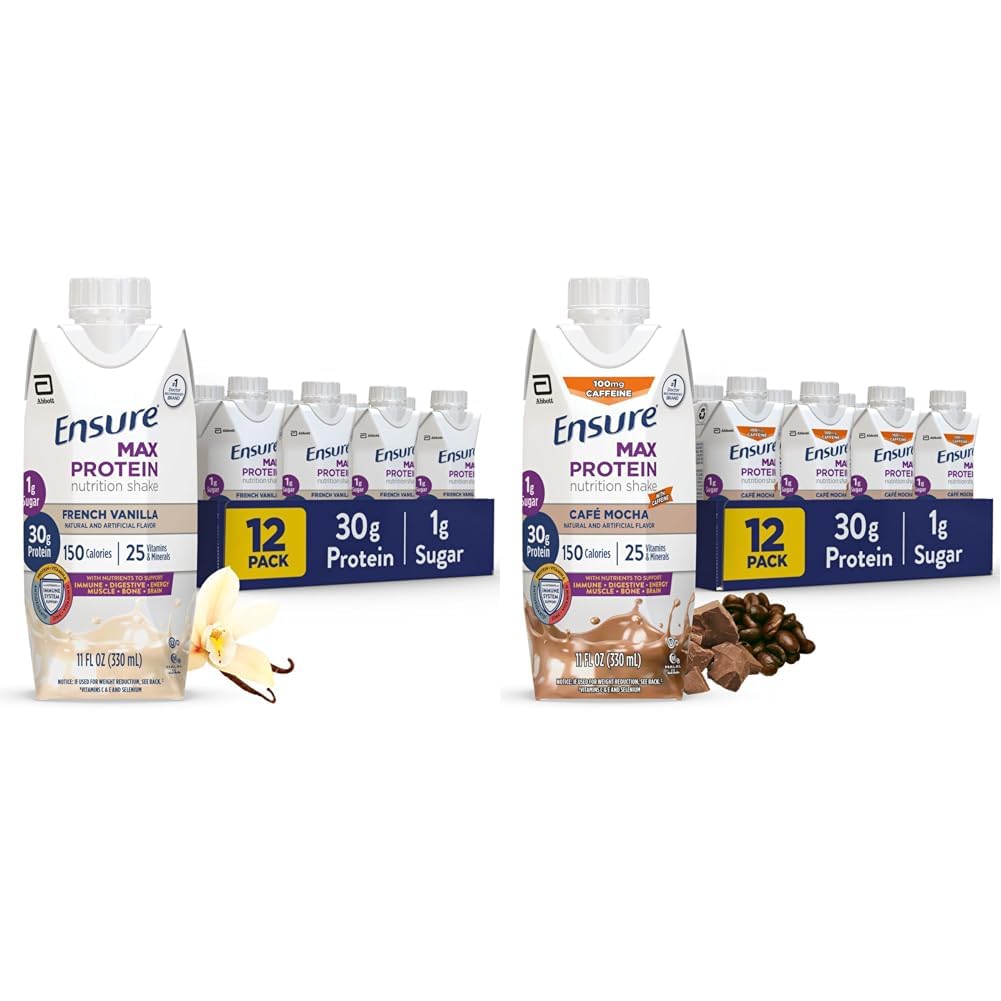 Sikre Max Protein Nutrition Shake med 30g Protein, 1g Sukker, High Protein Shake, Fransk Vanilla & Cafe Mocha, Flydende, 11 fl oz (Pack of 12) Bundle