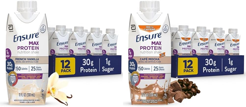 Sikre Max Protein Nutrition Shake med 30g Protein, 1g Sukker, High Protein Shake, Fransk Vanilla & Cafe Mocha, Flydende, 11 fl oz (Pack of 12) Bundle