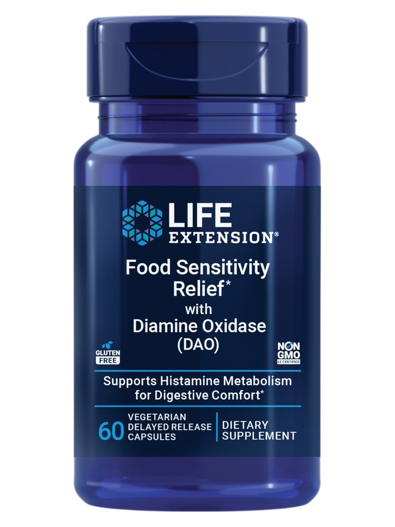 Life Extension Food Sensitivity Relief with Diaminoxidase (DAO), Occasional Gas, fordøjelseskomfort, histamin Sensitivity, DAO Enzyme Supplement, Gluten Free, Non- GMO, Vegetar, 60 Kapsler