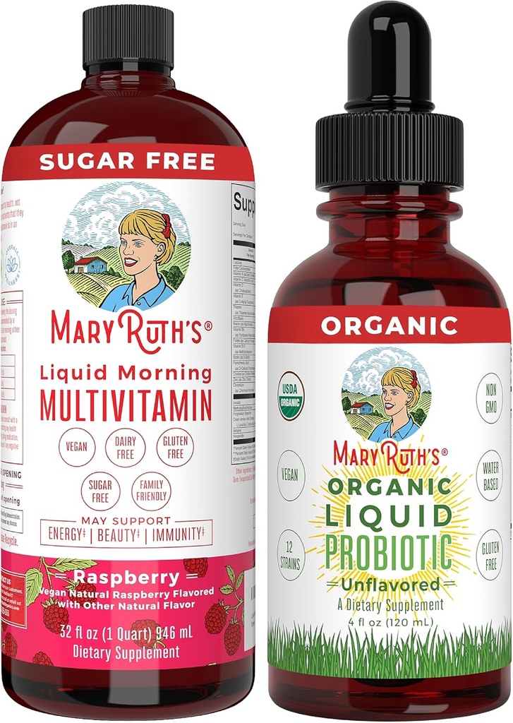 MaryRuth Organics Flydende Multivitamin Raspberry & Liquid Probiotic 4oz Bundle Buddy 124; Vegan Vitamin A, B, C, D3, E & Amino Acids Buddy 124; immunforsvar, fordøjelse, Focus & Energy Support Buddy 124; Gut Health Supplement.