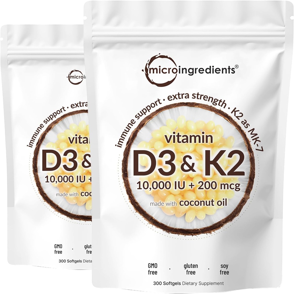 2 Pack Vitamin D3 10000 iu Plus K2 (MK- 7) 200 mcg, 300 Virgin Coconut Oil Softgels