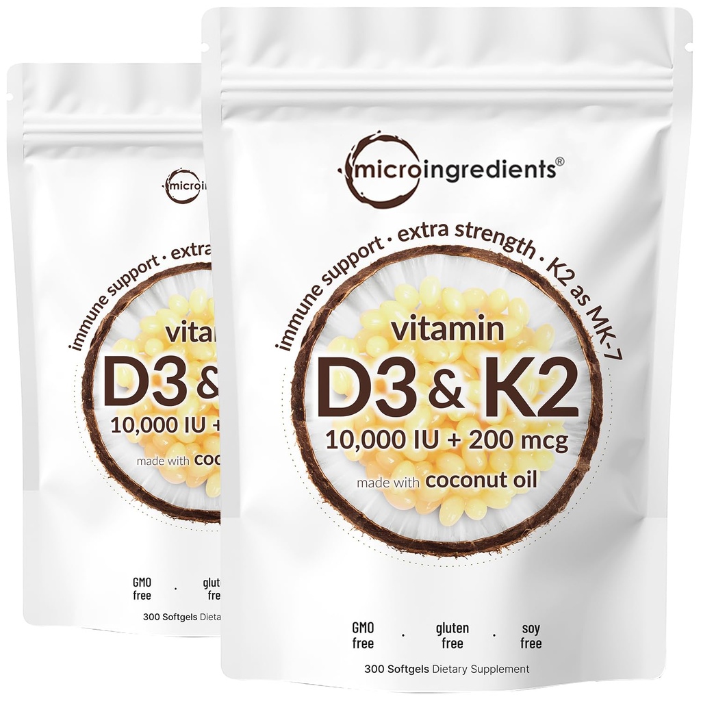2 Pack Vitamin D3 10000 iu Plus K2 (MK- 7) 200 mcg, 300 Virgin Coconut Oil Softgels