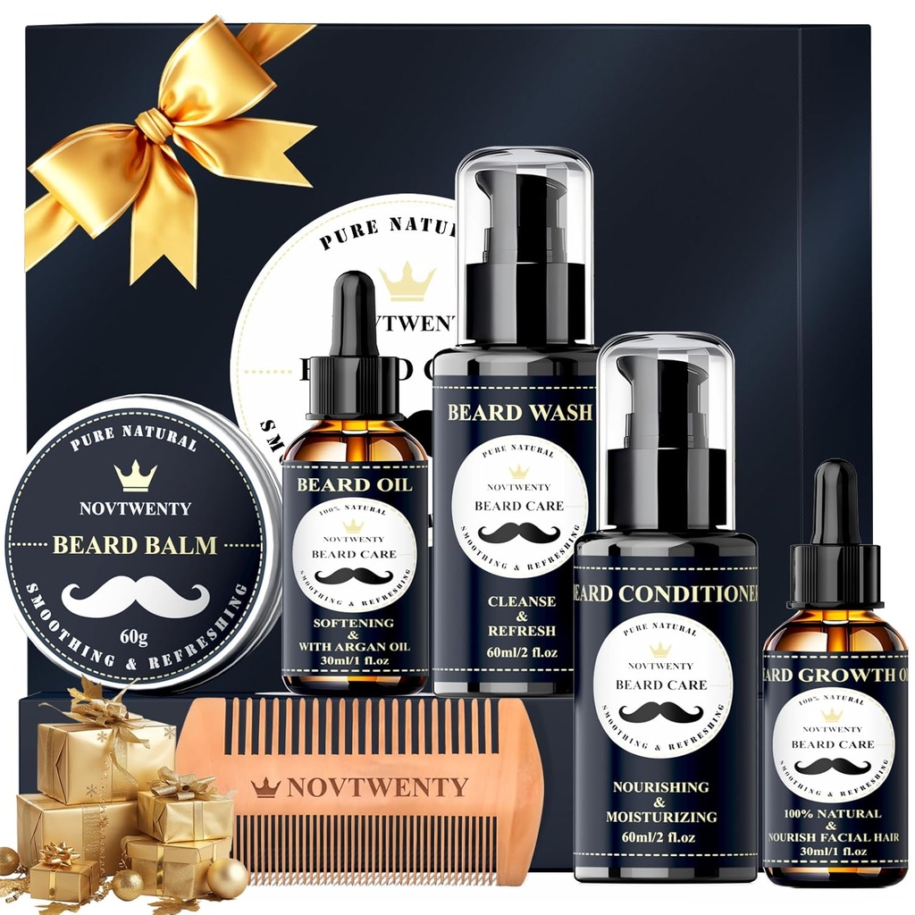 Beard Growth Kit - 7 Pc Kit, omfatter vask, olie, Conditioner, Balm, Comb, Gave Box sæt til mænd