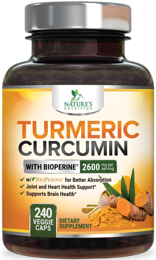 Gurkemeje Supplement 2600mg - 95% Curcuminoider med Økologisk gurkemeje & BioPerine Black Pepper Extract for Best Absorption, Natural Vegan Joint Support, Non- GMO, Flasket i USA - 240 Kapsler