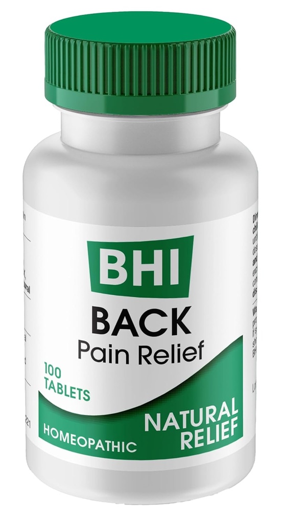 BHI Tilbage Natural Back, Hip & Leg Pain Relief - 6 Kraftfulde Multisymptom Aktive Homøopatiske Ingredienser Hjælp med at slappe tilbage Smerte, Muskel Stramning & Spasms naturligt for kvinder & mænd - 100 tabletter
