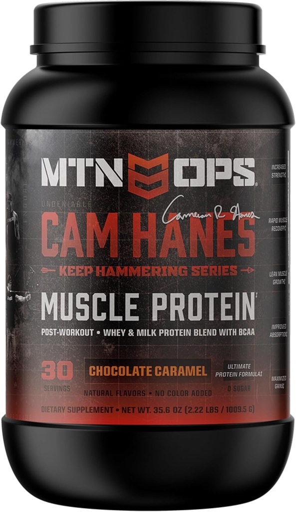 MTN OPS Cameron Hanes Hold Hammering Whey Protein Powder, Chokolade Karamel Flavor, 30 Servere