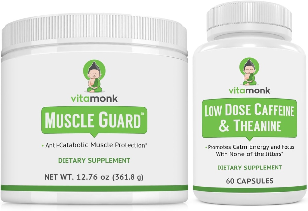 VitaMonk Muscle Guard & lav dosis Koffein Bundle, HMB, EAA, Vitamin D, Magnesium for Muscle Growth & Koffein med L- Theanine, Glat Energy Boost, Kosttilskud til mænd og kvinder, Muscle & Focus Support