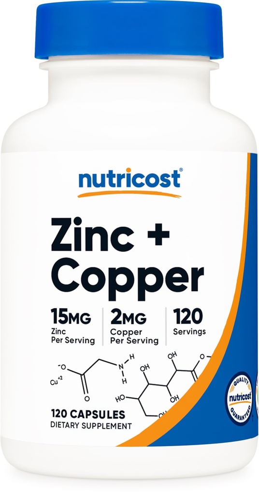Nutricost Zink + kobberkapsler (120 Servere) (15MG Zink + 2MG kobber Per Servering) - Ikke GMO, Vegetar