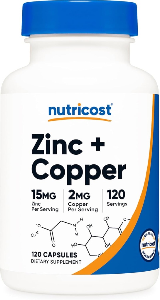 Nutricost Zink + kobberkapsler (120 Servere) (15MG Zink + 2MG kobber Per Servering) - Ikke GMO, Vegetar