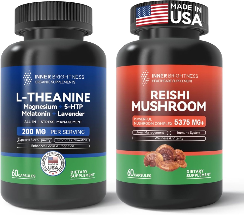 Reishi Mushroom Supplement med Cordyceps + L Theanine 200mg, Magnesium, 5- HTP & Melatonin til søvn, Focus & Mood Support
