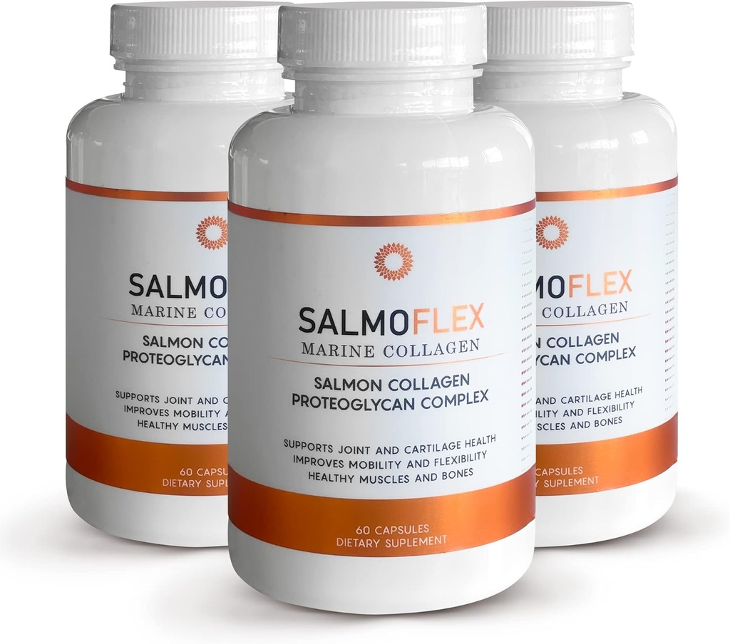 VITASEI Salmoflex Marine Collagen Peptider med Hyaluronsyre og C-vitamin, D, E - Salmon Collagen Supplement for ben og led - hår, hud og negle Vitaminer - 60 kapsler (pakning med 3)