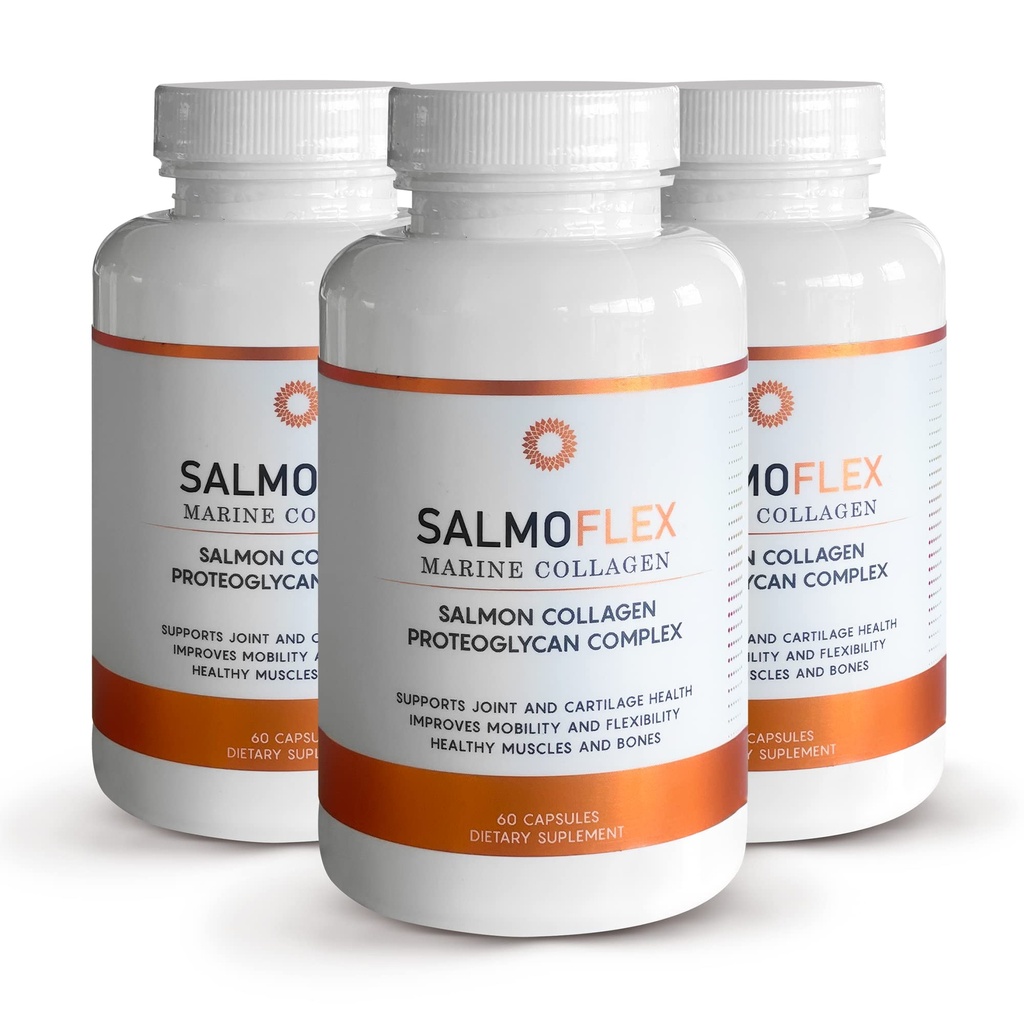 VITASEI Salmoflex Marine Collagen Peptider med Hyaluronsyre og C-vitamin, D, E - Salmon Collagen Supplement for ben og led - hår, hud og negle Vitaminer - 60 kapsler (pakning med 3)